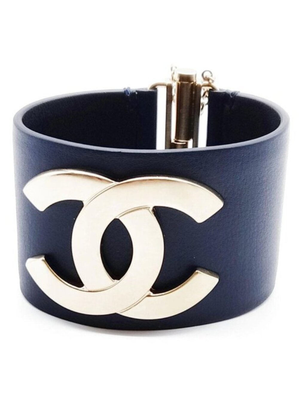 Authentic Chanel Black Leather Gold CC Cuff Bracelet - Picture 2 of 9